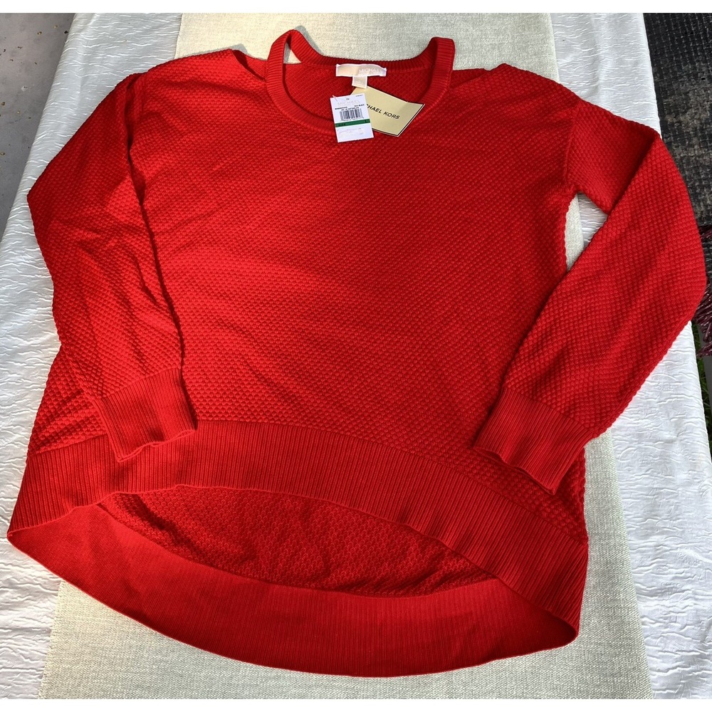 Michael Michael Kors Red Blaze Cold Shoulder Popcorn Knit Sweater MH66N4V4YG L